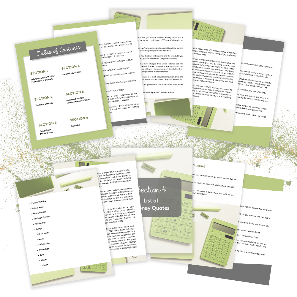 10 pages displaying the inside of a book about money quotes