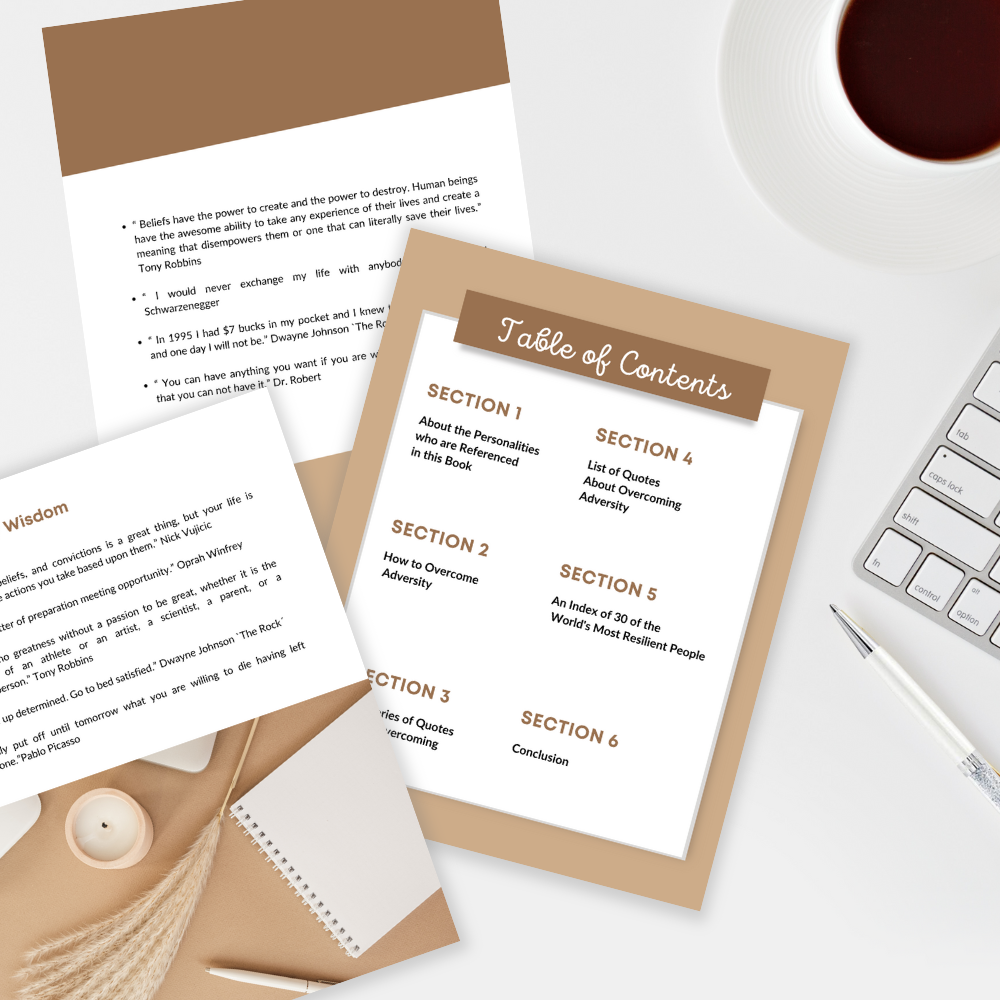 3 pages and a pen displaying the inside of the ebook " Overccome adversity quotes "