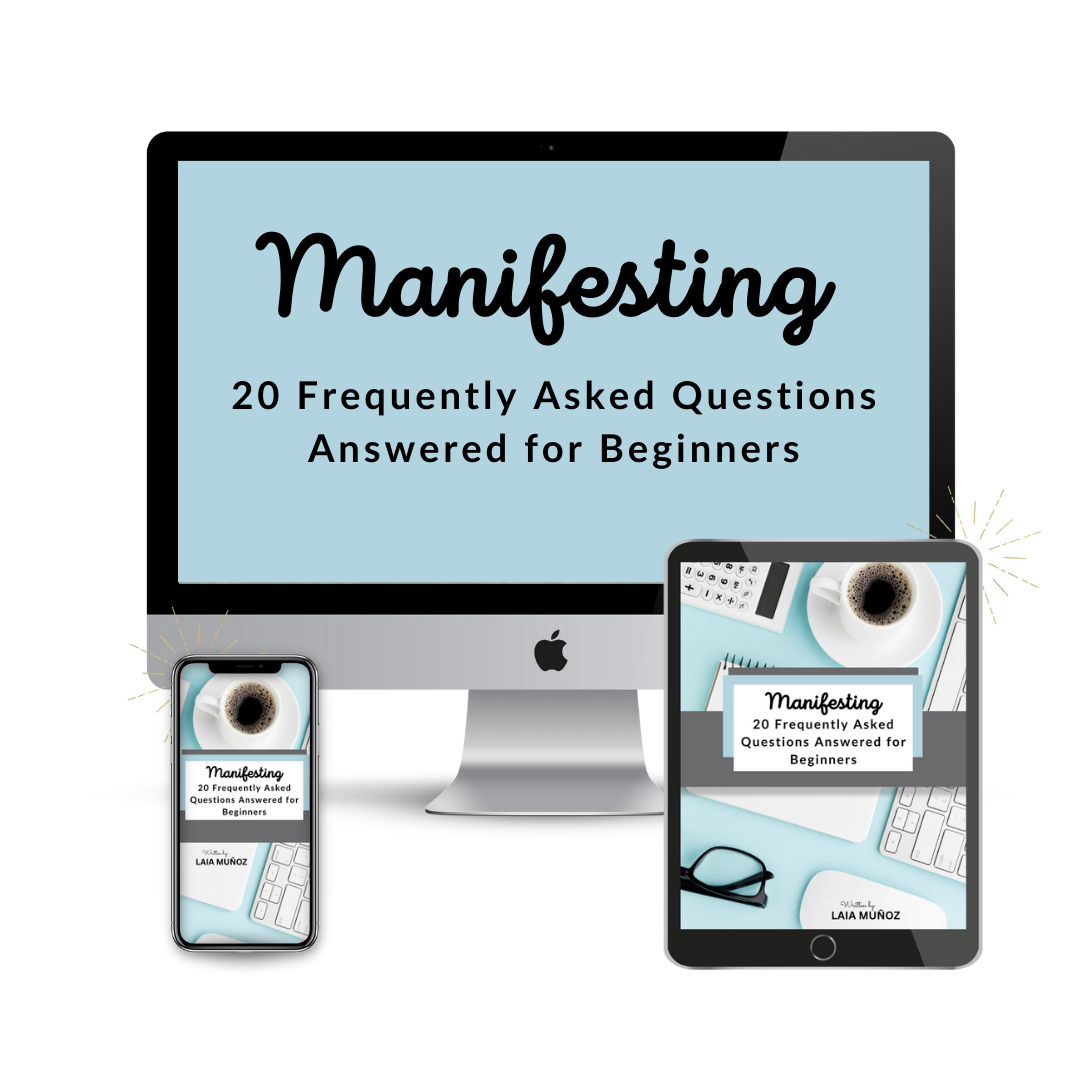 3 devices displaying an ebook titled  manifesting 20 FAQS for beginners "