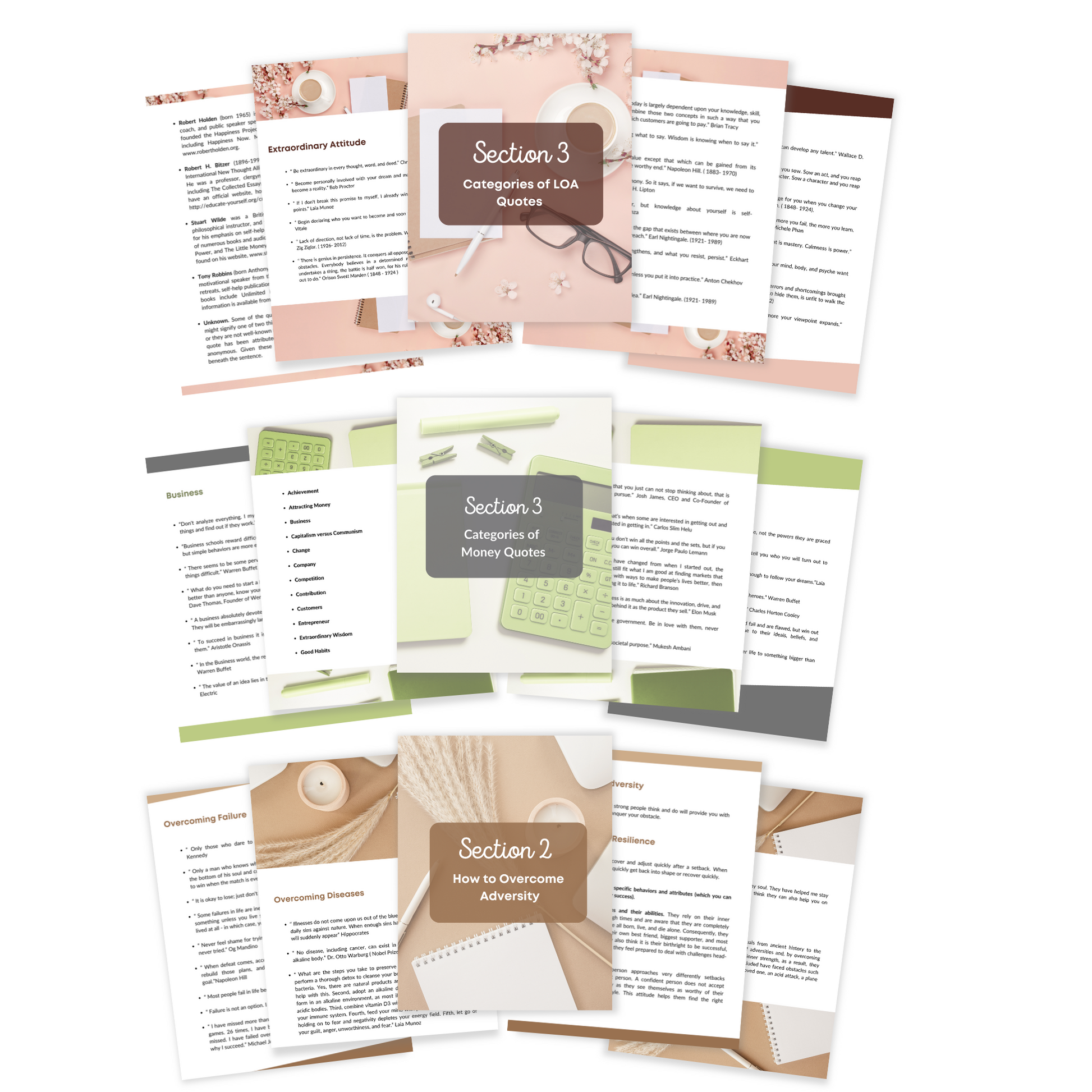 3 ebooks displayed in 5 pages each of them representing the inside of each digital book representing the " quotes bundle" digital books