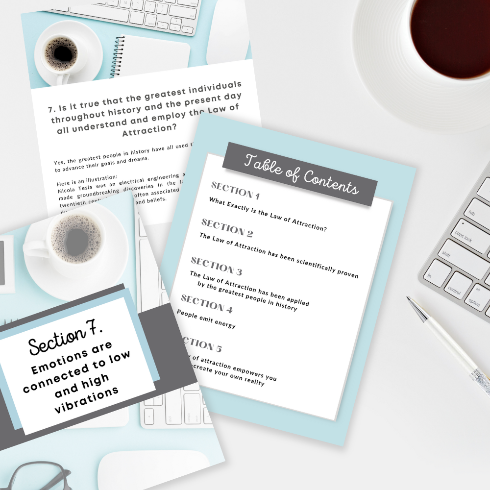 3 pages and a pen showing the inside of the ebook " Manifesting 20 FAQS for beginners " and you can get it at laiamunozauthor.com