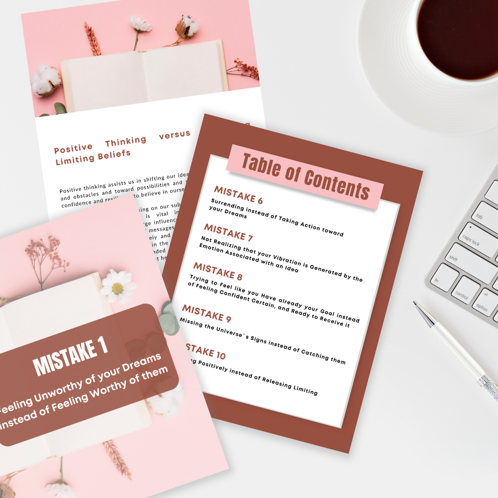 3 pages and a pen featuring the inside of an ebook called " Mistakes advanced law of attraction readers make "