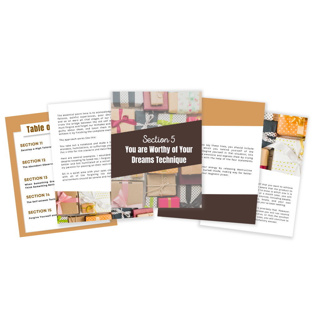 Educational book or manual with sections and a cover featuring text and images that represent the inside of the digital guide " Advanced Manifesting Techniques "