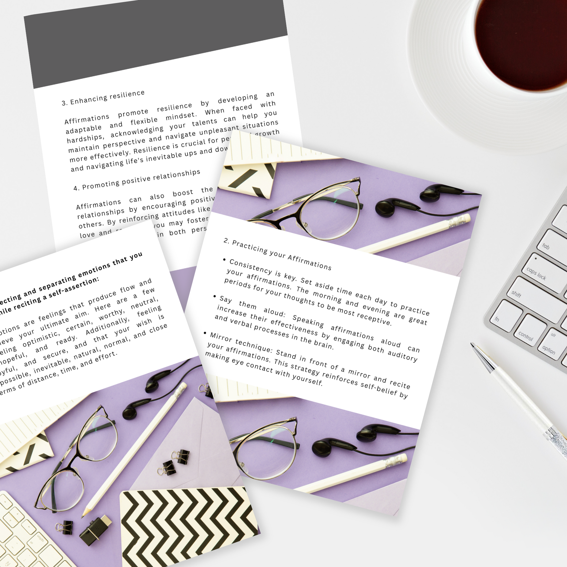 Desk with papers, glasses, a cup of coffee, and a keyboard on a white surface that represents the inside of a digital guide