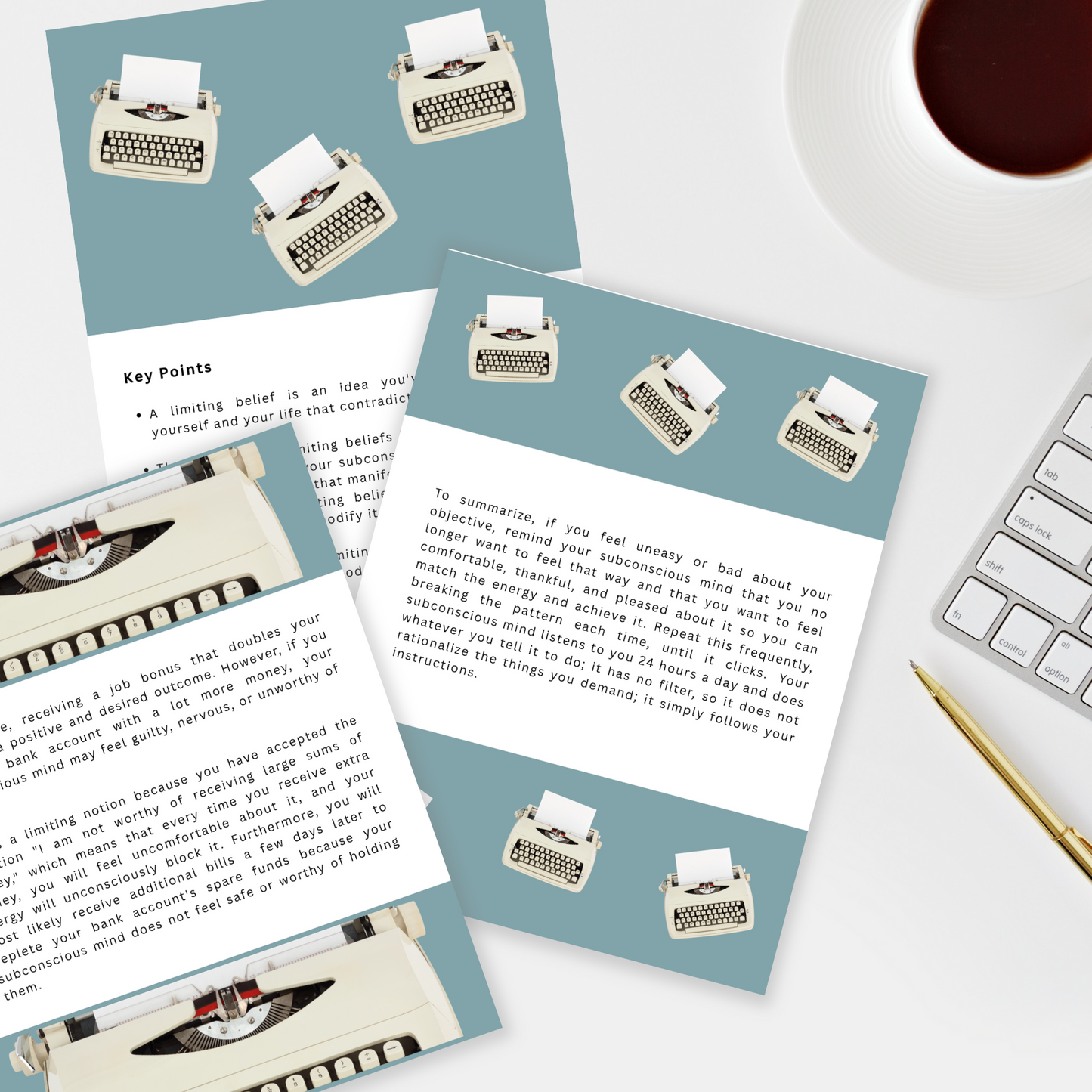 Documents with typewriter illustrations on a desk with a cup of coffee and keyboard that represent the inside of an ebook called " overcoming limiting beliefs. The clear and brief answer "
