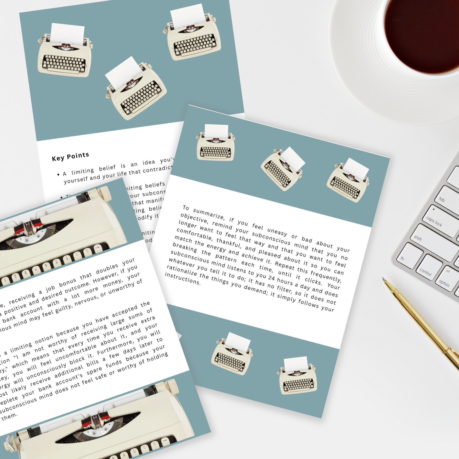 Documents with typewriter illustrations on a desk with a cup of coffee and keyboard that represent the inside of an ebook called " overcoming limiting beliefs. The clear and brief answer "