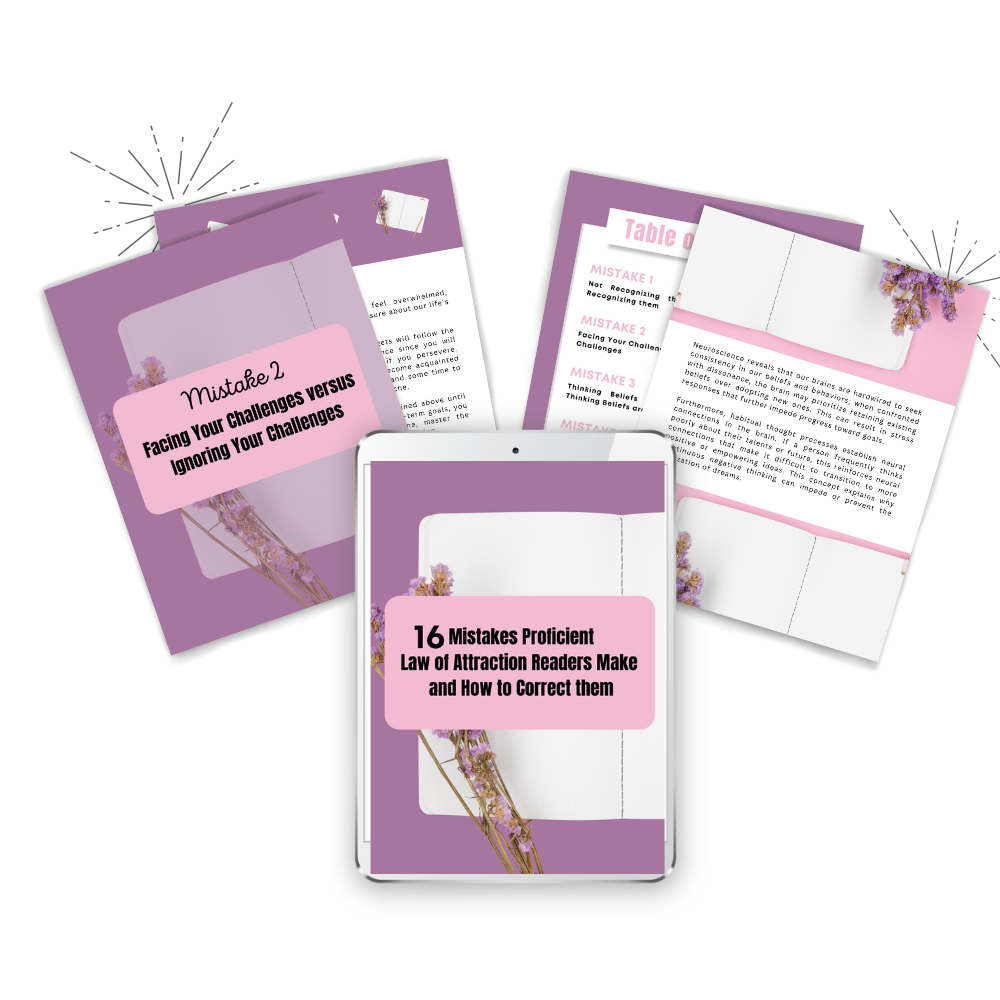 Ebook mockup with 4 pages displaying the inside of the ebook titled " Mistakes proficient Law of Attraction Readers make and How to Correct them"