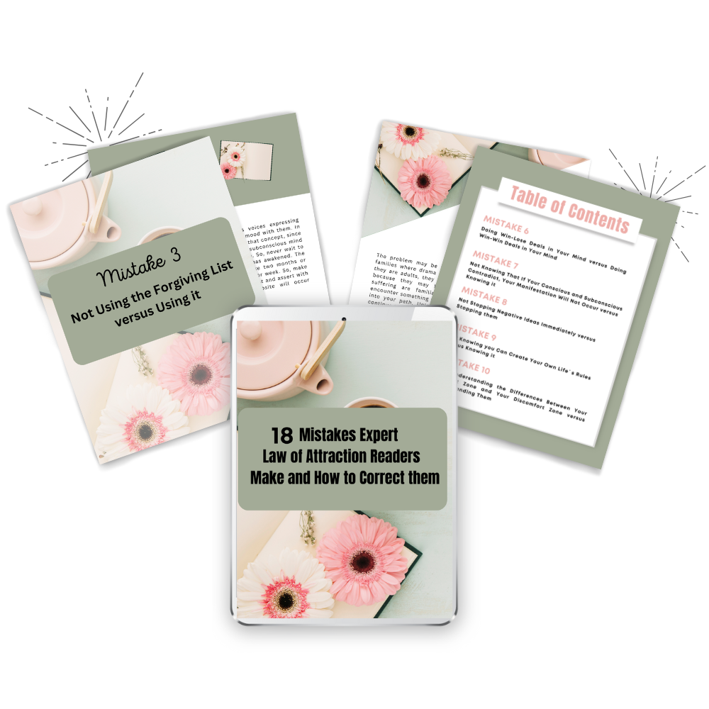 Ebook mockup displaying 4 pages inside the ebook with beautiful templates, the ebook title is Mistakes Expert Law of Attraction Make