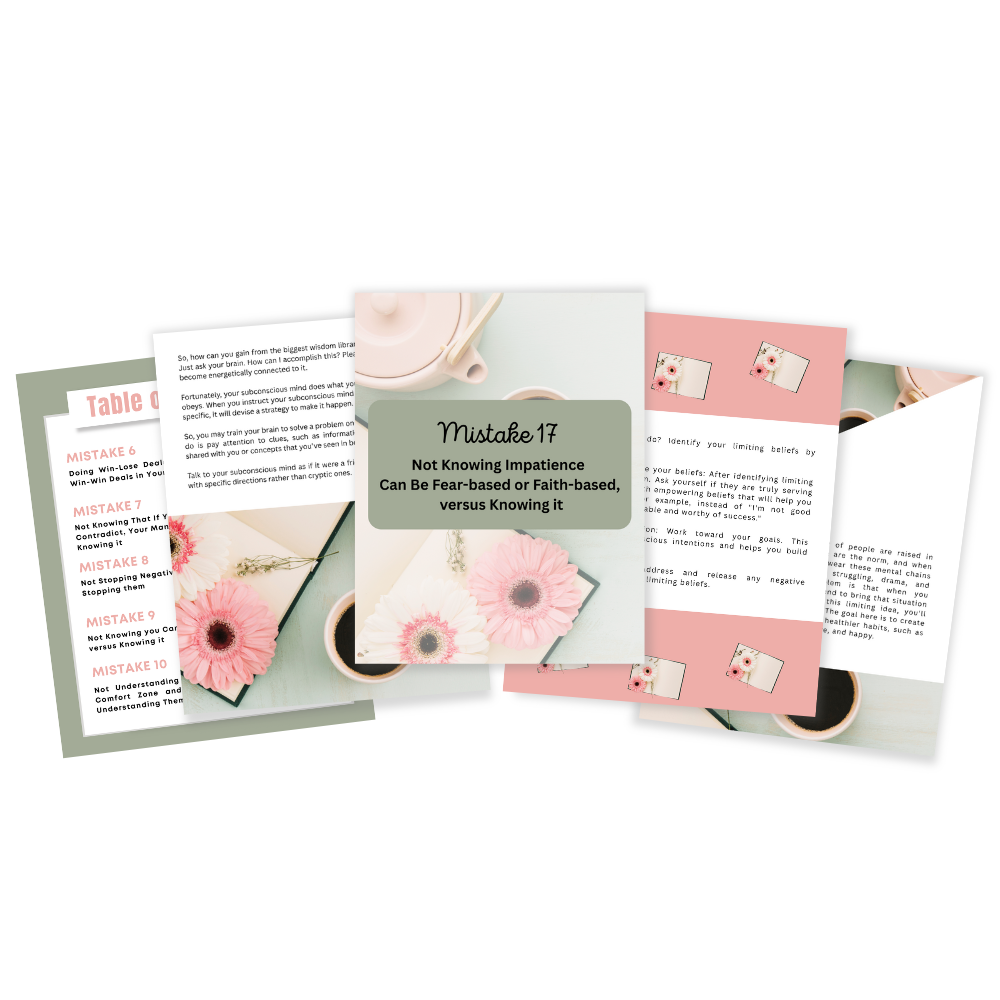 Set of printed pages with floral and coffee-themed design on a white background that represent the inside of a digital book titled " mistakes expert law of attraction readers make "