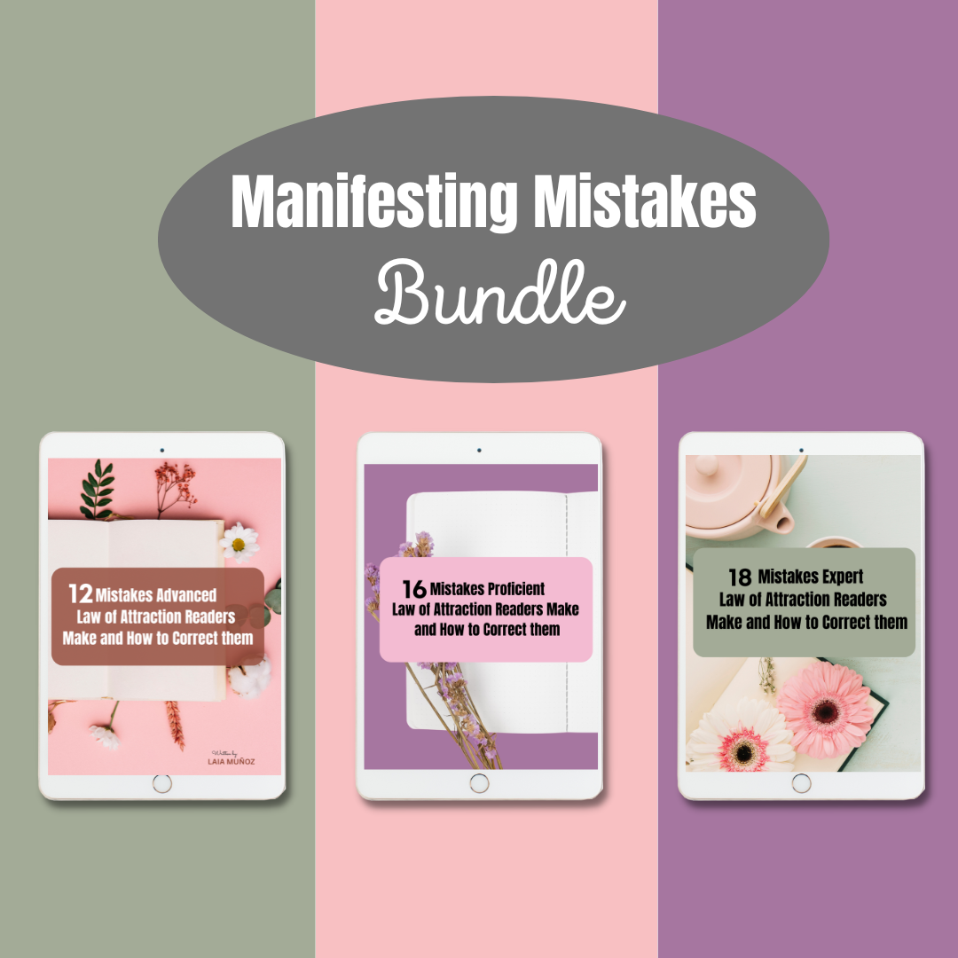 3 ebook mockups title "manifesting mistakes  bundle" where you can appreciate 3 different Ipads and their titles with different manifestation levels of knowledge and you can buy it at laiamunozauthor.com