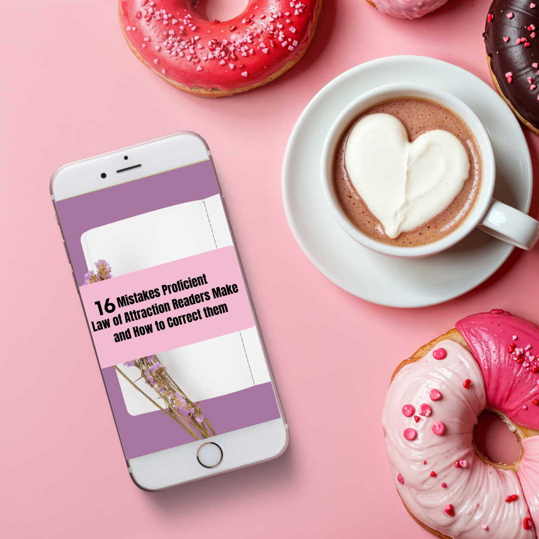 Phone displaying a book cover with donuts and a cup of coffee on a pink background that represents a digital guide called " 16 mistakes proficient law of attraction readers make and how to correct them "