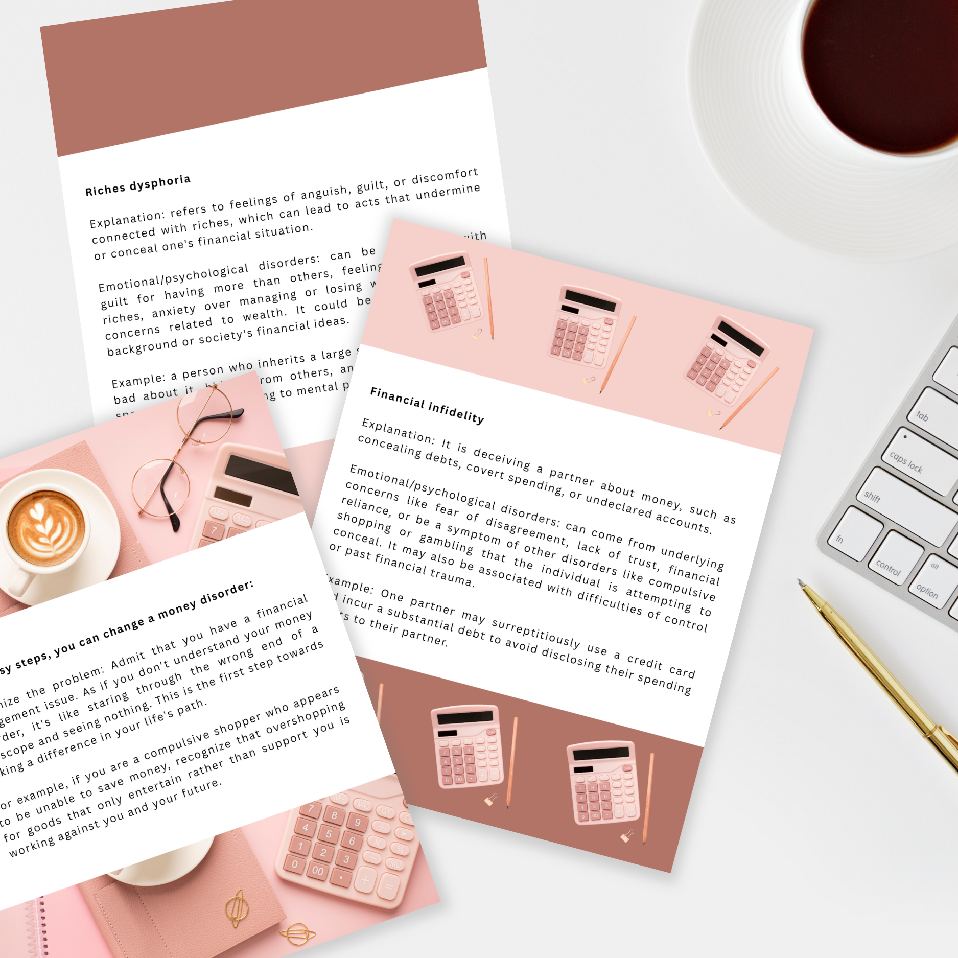 Documents on a desk with a coffee cup and keyboard festuring the inside of an ebook called " Money disorders and their connection to emotional disorders "