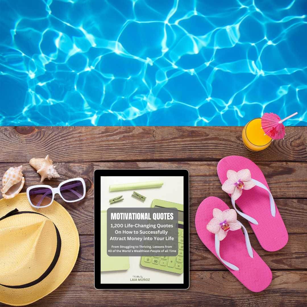 a hat, a tablet and flip flops on a pool, the tablet represents a digital guide titled " Quotes. Attract Money "