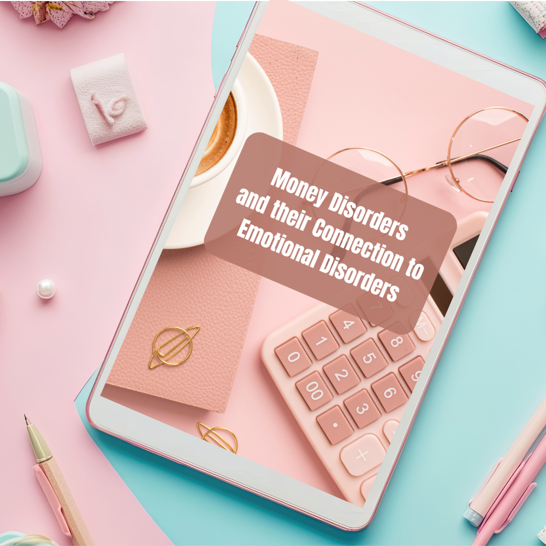 Pink calculator on a tablet with text overlay on a pink and blue background that features an ebook called " Money disorders and their connection to emotional disoreders "and you can buy it at laiamunozauthor.com