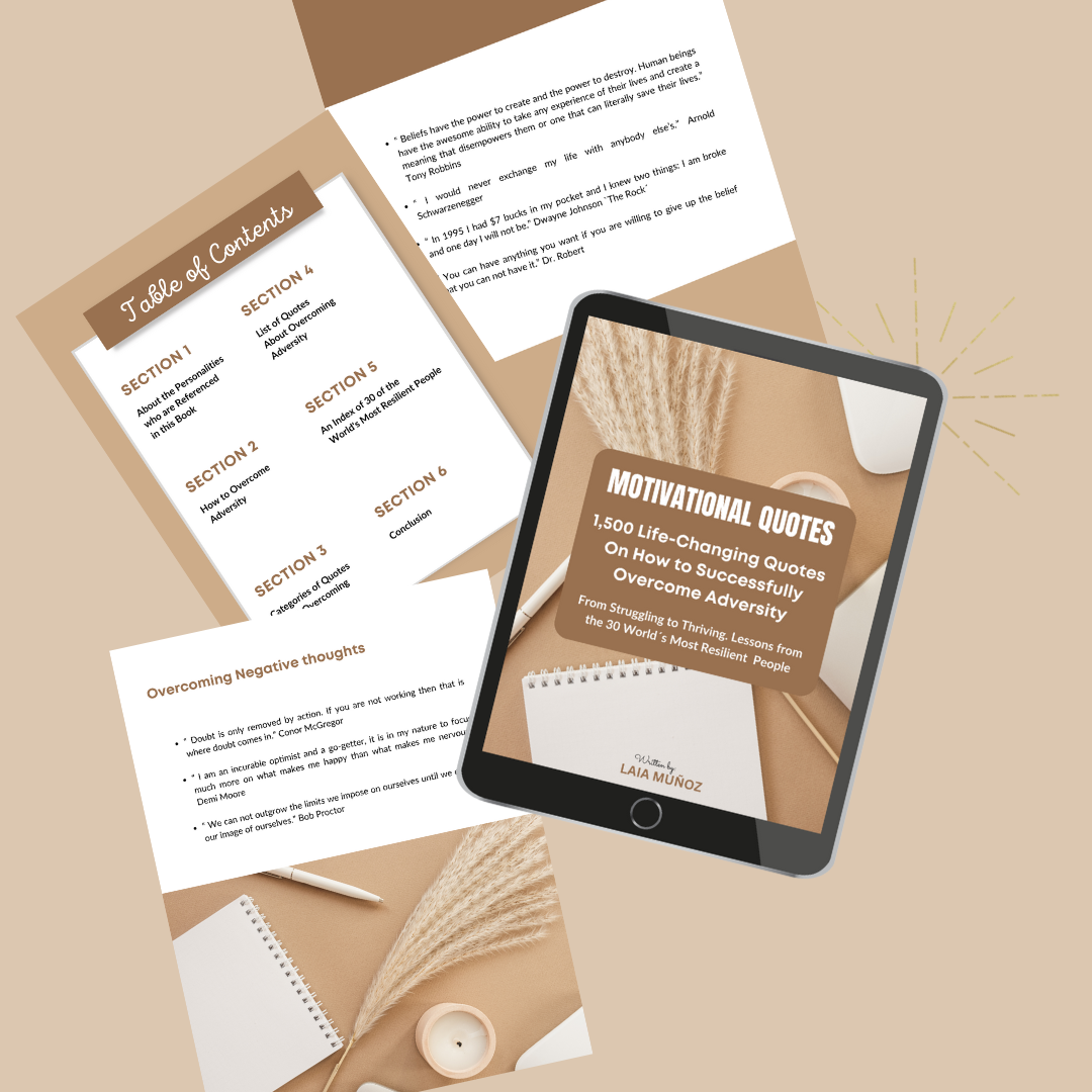 3 pages and a tablet representing the inside of a digital book called " Motivational Quotes. Overcoming Adversity "