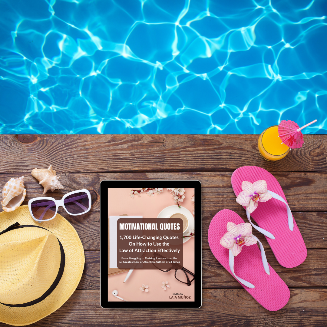 a hat, a tablet and flip flops on a pool, the tablet represents a digital guide titled " Quotes. How to Use the Law of Attraction Effectively "