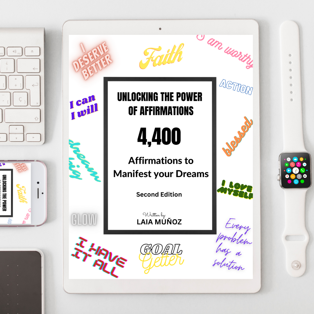 An electronic book guide titled 'UNLOCKING THE POWER OF AFFIRMATIONS. 4,400 Affirmations to Manifest your Dreams' by LAIA MUNOZ displayed on a tablet, surrounded by a keyboard, phone, and smartwatch on a white background and you can buy it at laiamunozauthor.com