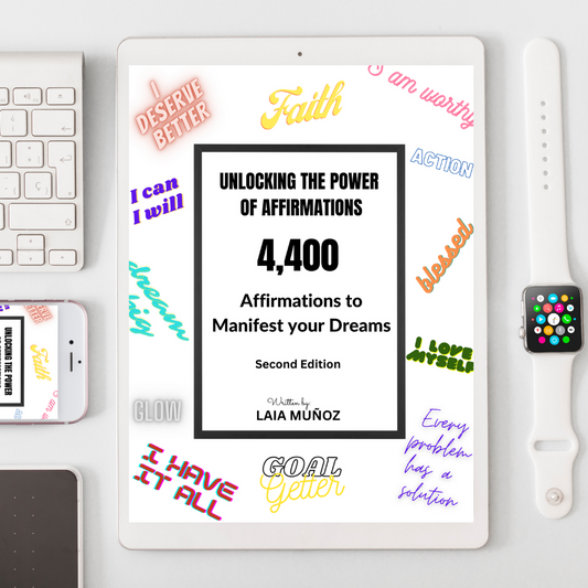 An electronic book guide titled 'UNLOCKING THE POWER OF AFFIRMATIONS. 4,400 Affirmations to Manifest your Dreams' by LAIA MUNOZ displayed on a tablet, surrounded by a keyboard, phone, and smartwatch on a white background and you can buy it at laiamunozauthor.com
