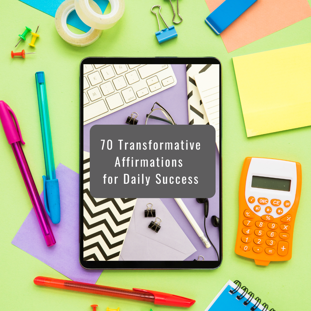 Tablet displaying '70 Transformative Affirmations for Daily Success' surrounded by stationery items on a colorful background that represents an ebook and you can get it at laiamunozauthor.com