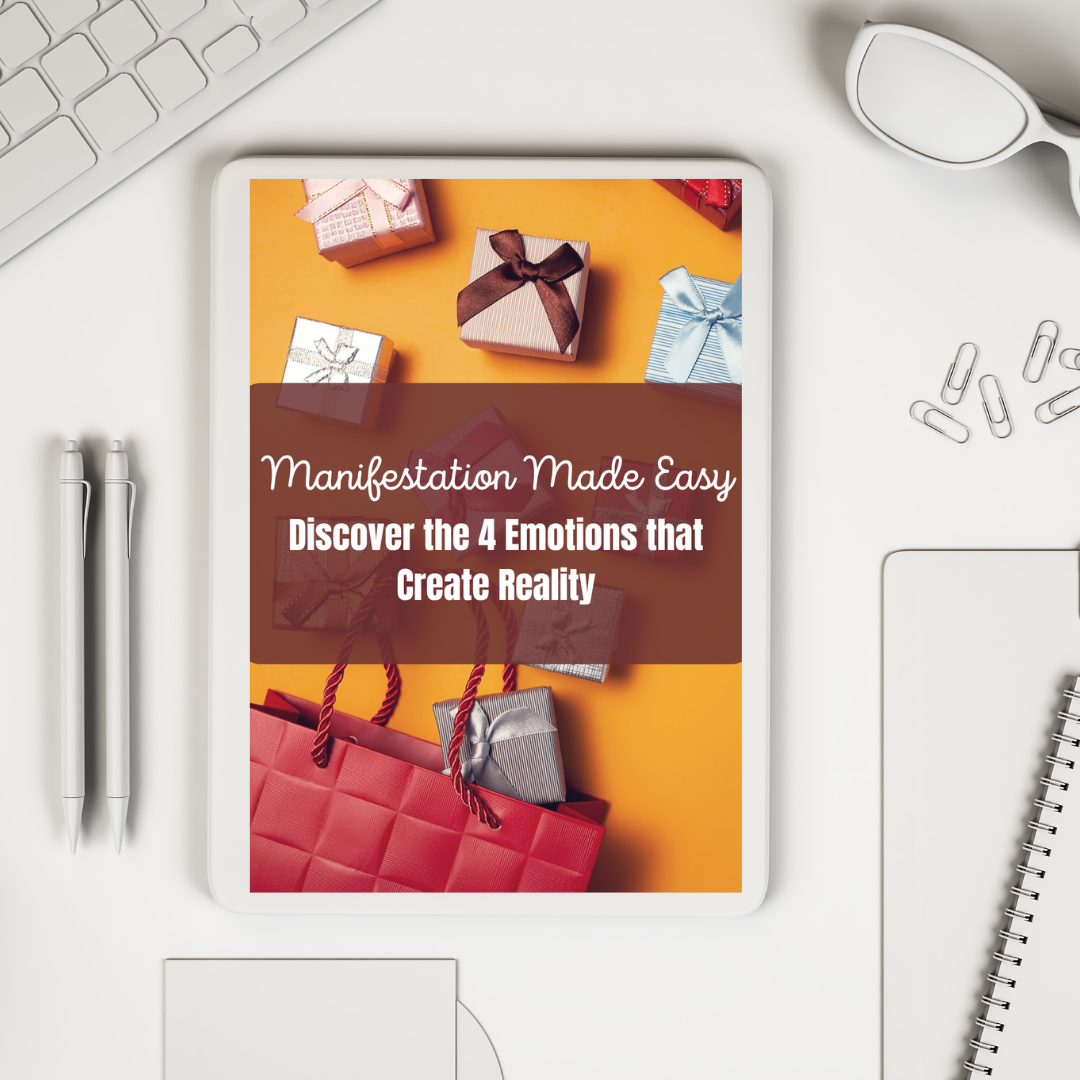 Tablet displaying a book cover titled 'Manifestation Made Easy' on a desk with office supplies that represents a digital guide titled " Manifestation made easy. Discover the 4 emotions that create reality "