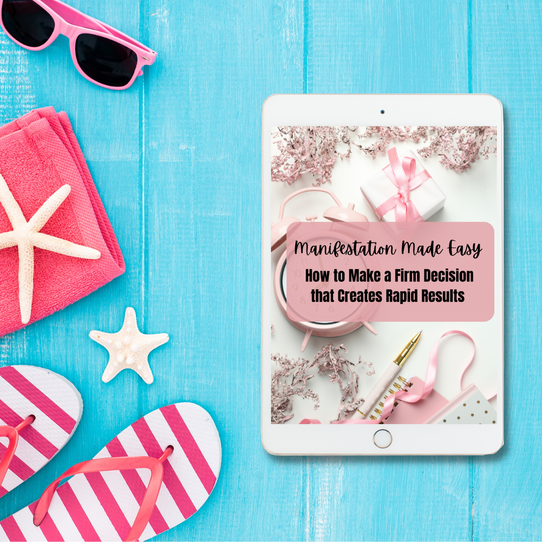 Tablet with a book cover on a blue wooden surface with pink sunglasses, towel, and flip-flops that represent the digital book titled  " manifestation made easy. How to make a firm decision that creates rapid results " and you can buy it at laiamunozauthor.com