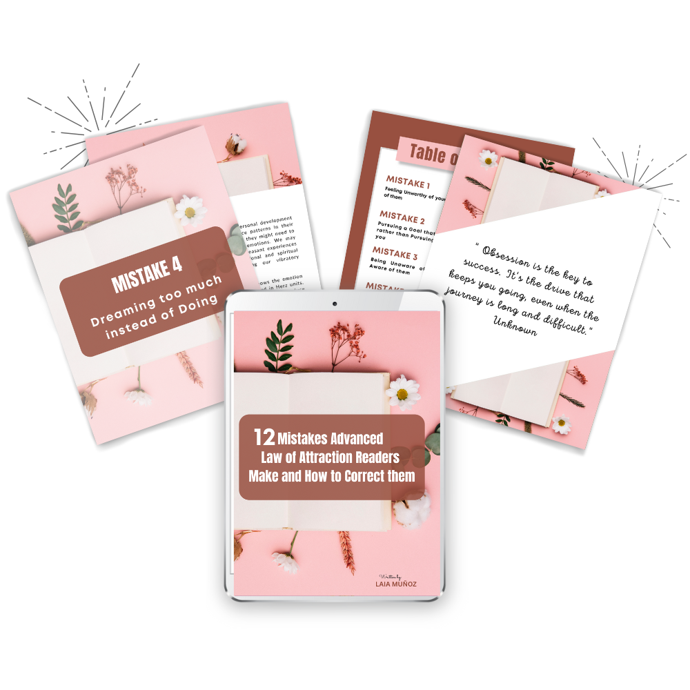 4 pages and an Ipad displaying the interior of the ebook " Mistakes Advanced Law of Attraction Readers make