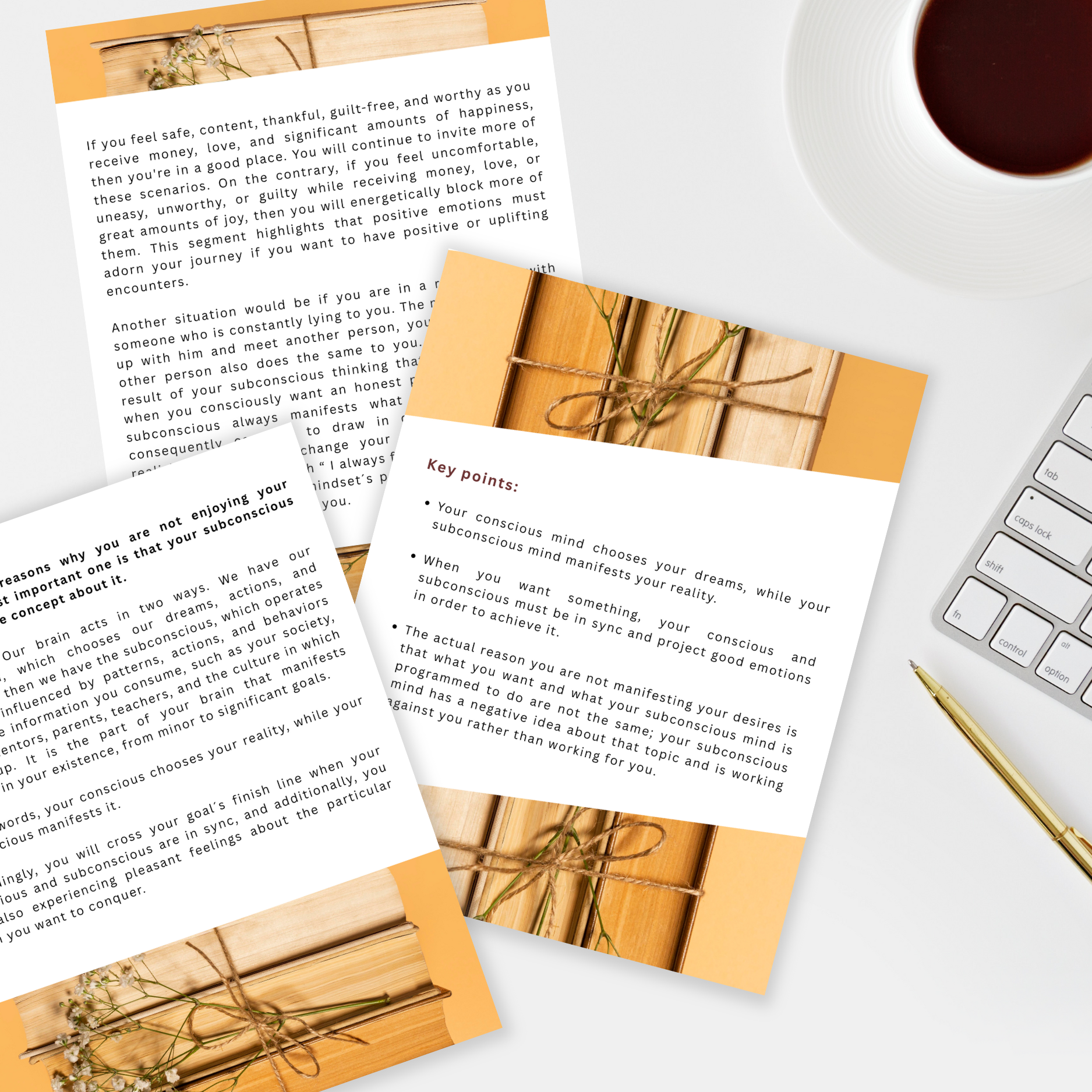 Documents with text on a desk with a cup of coffee and keyboard that represent the ebook mockup of a manifestation title