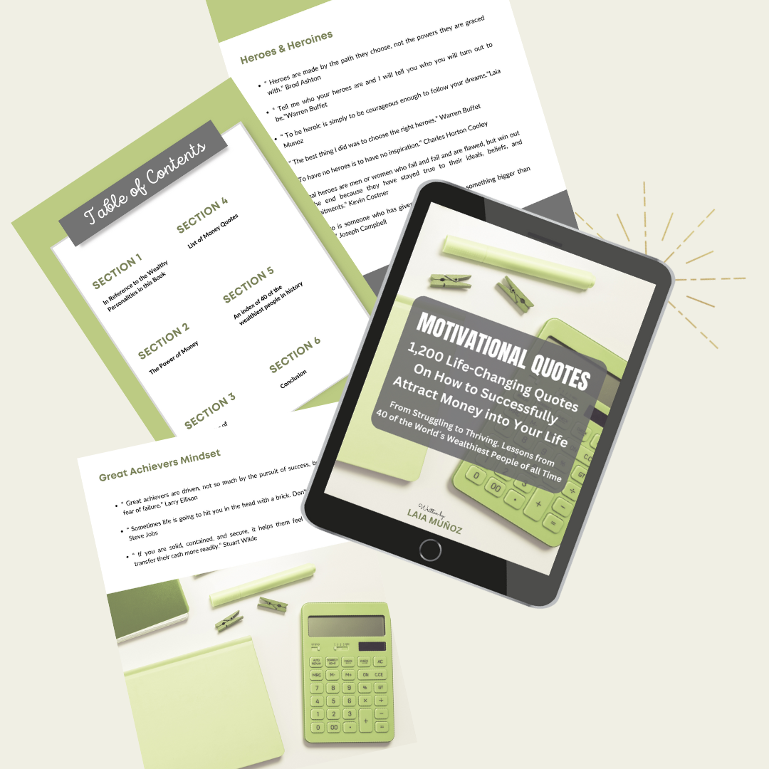 3 pages and a tablet featuring a digital guide about money quotes