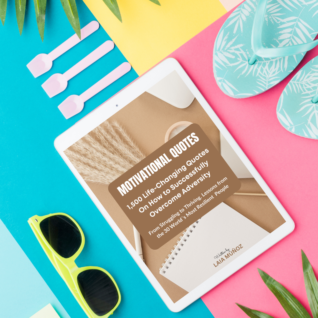 a tablet with summer objects featuring an ebook called " overcome adversity quotes "