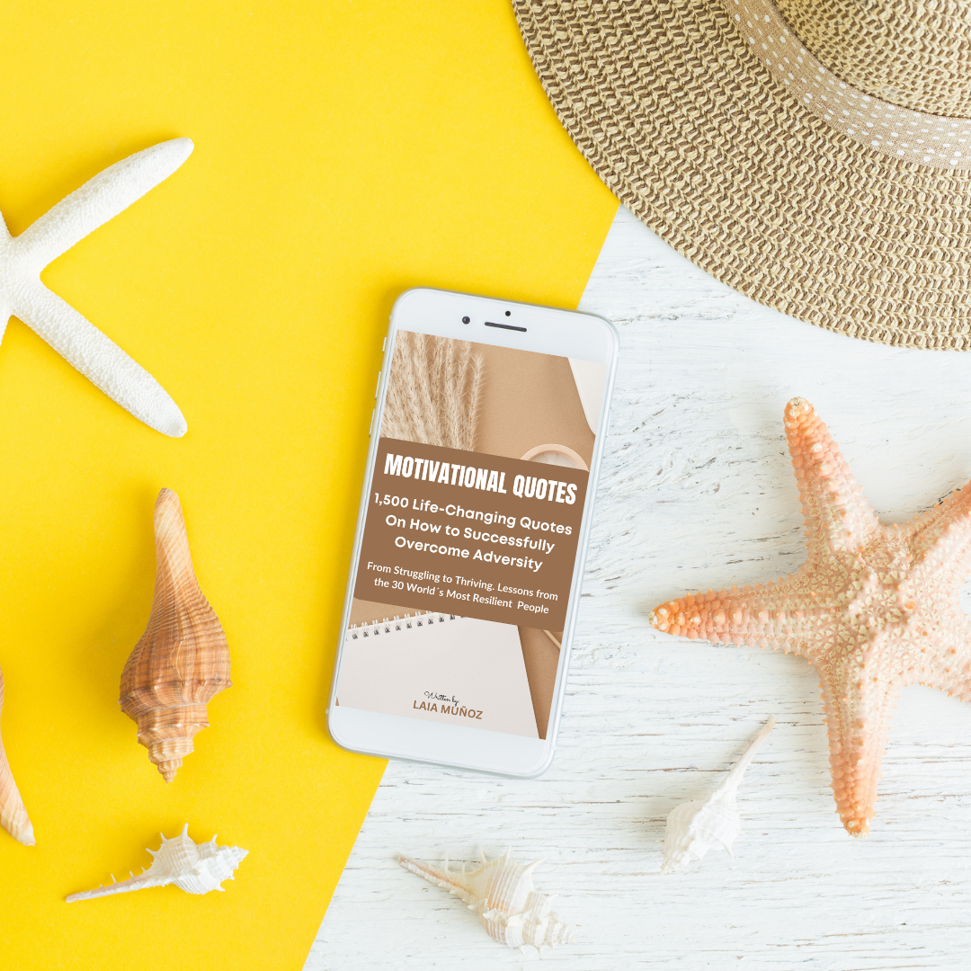phone surrounded by summer objects and a sea star featuring a digital guide called " overcome adversity quotes "