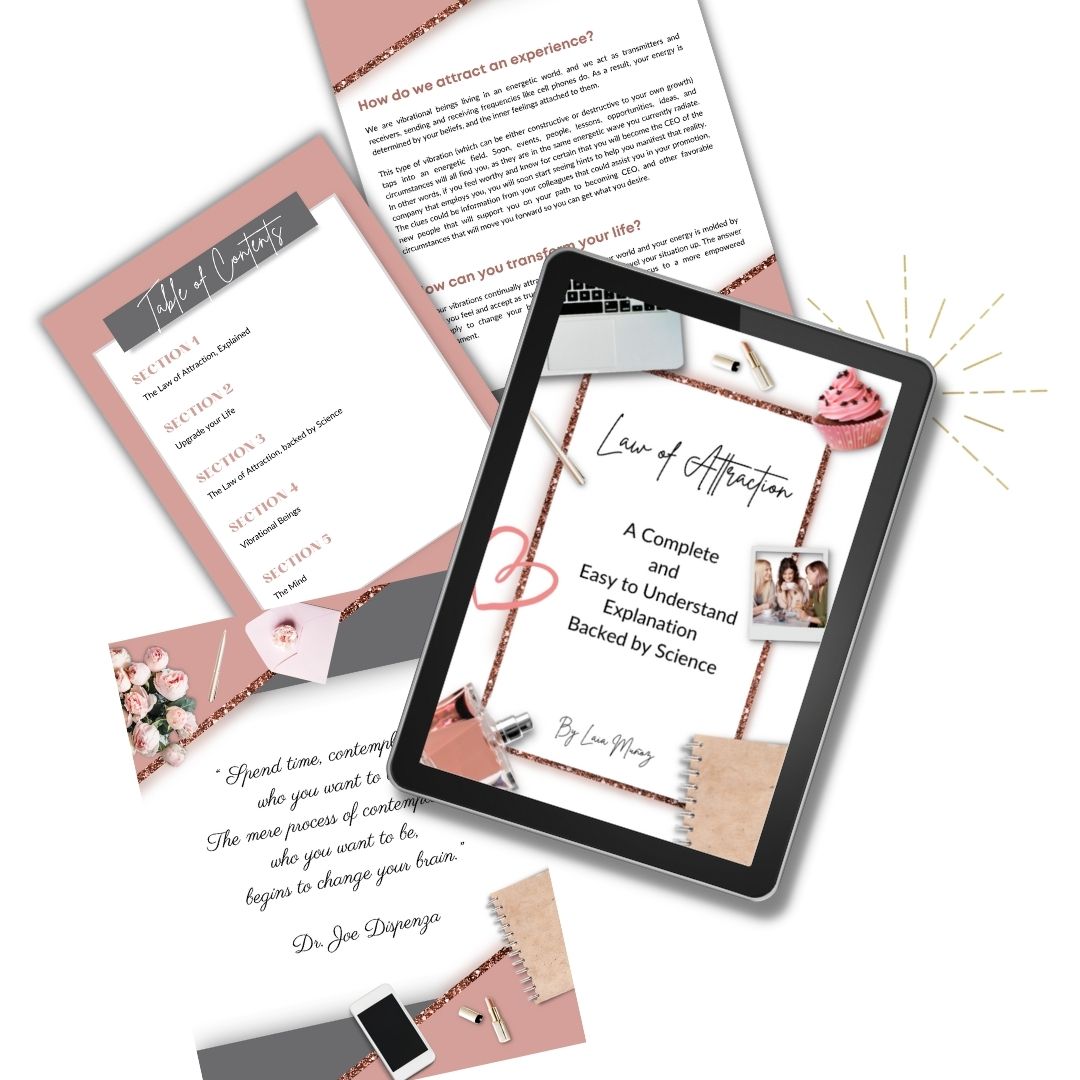 3 pages and a tablet mockup featuring the book law of attraction explanation and you can buy it at laiamunozauthor.com