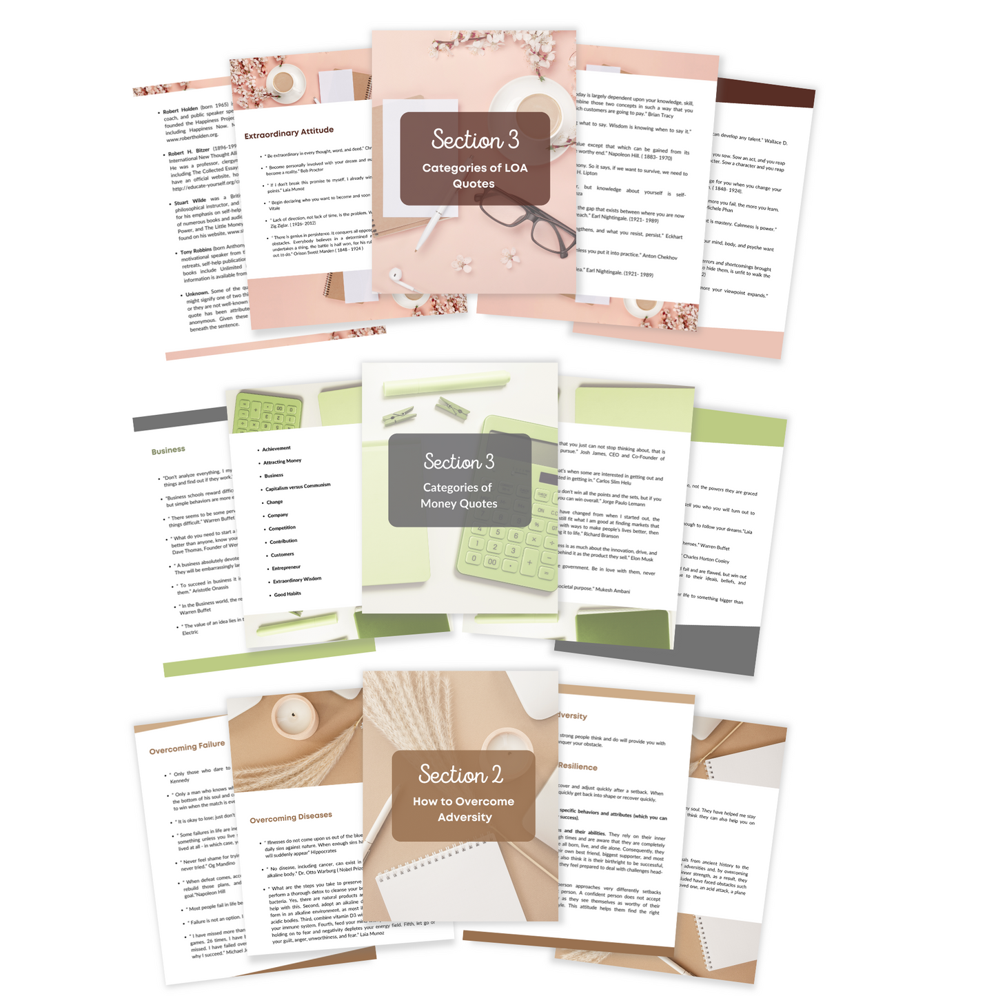 3 ebooks displayed in 5 pages each of them representing the inside of each digital book representing the " quotes bundle" digital books