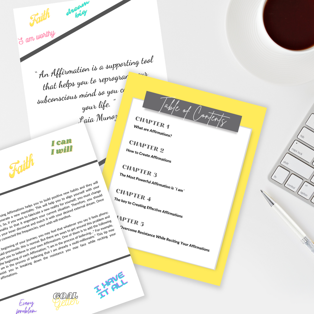  3 pages displaying the inside of the ebook " Affirmations "