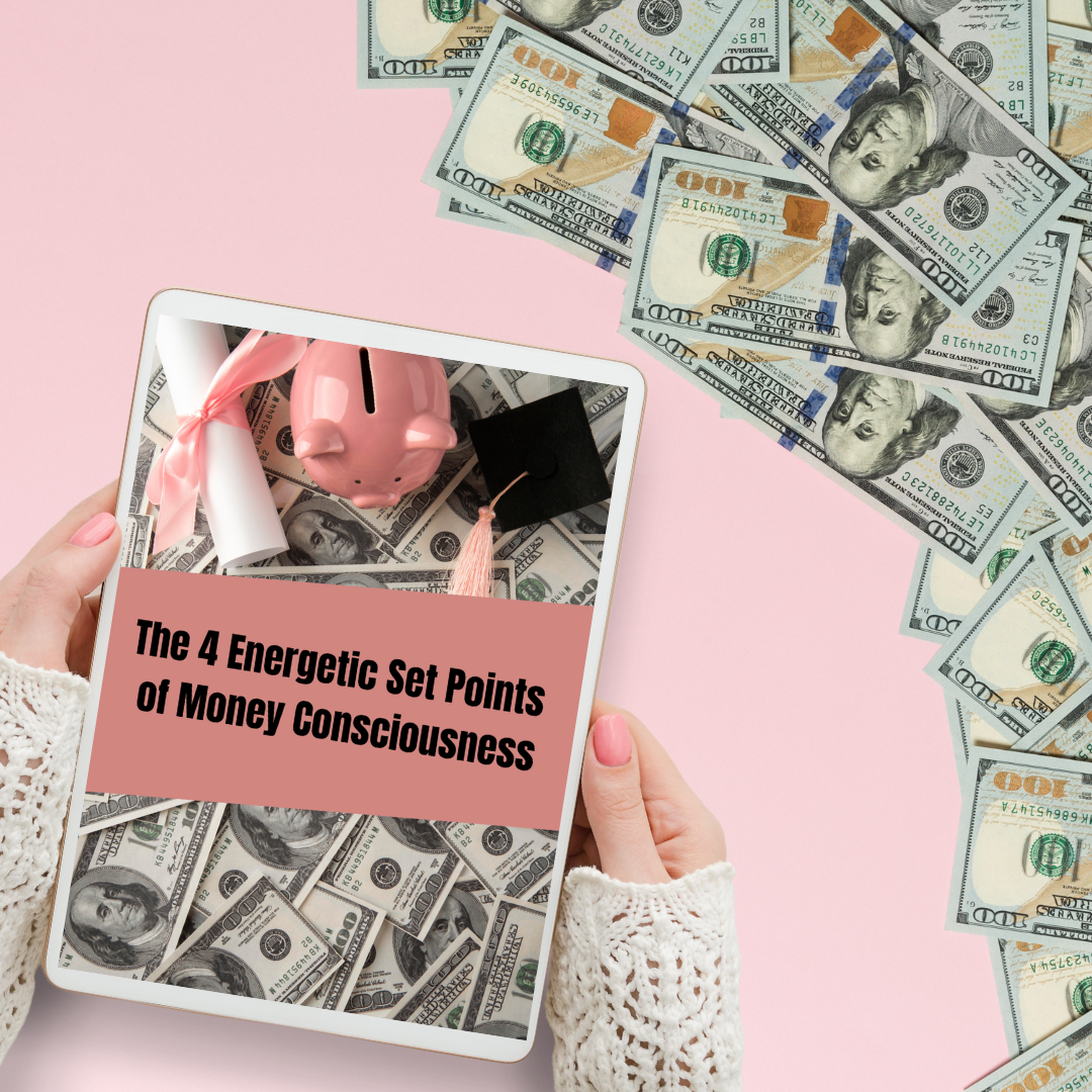 Person holding a tablet with money-themed cover against a pink background with dollar bills that showcases an ebook mockup titled " The 4 energetic set points of money consciousness" and you can buy it at laiamunozauthor.com