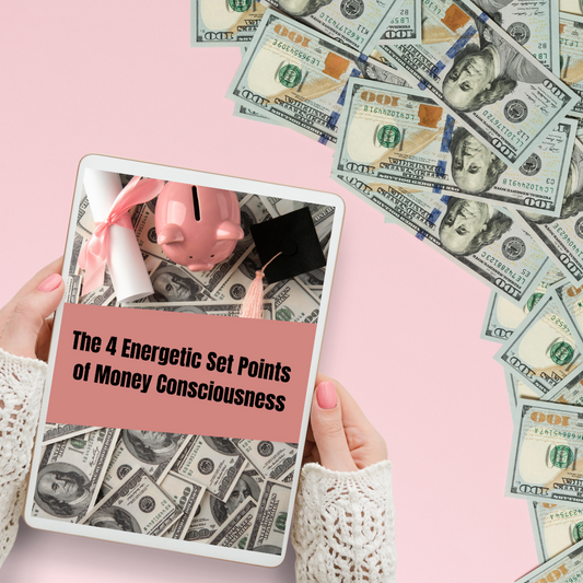 Person holding a tablet with money-themed cover against a pink background with dollar bills that showcases an ebook mockup titled " The 4 energetic set points of money consciousness" and you can buy it at laiamunozauthor.com