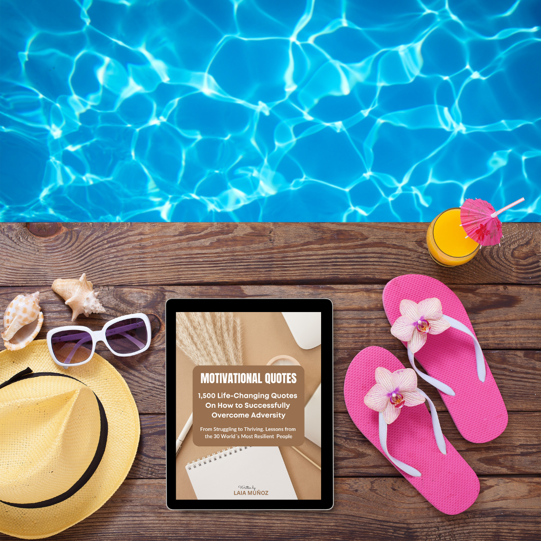 a hat, a tablet and flip flops on a pool, the tablet represents a digital guide titled " Quotes. Overcome Adversity "