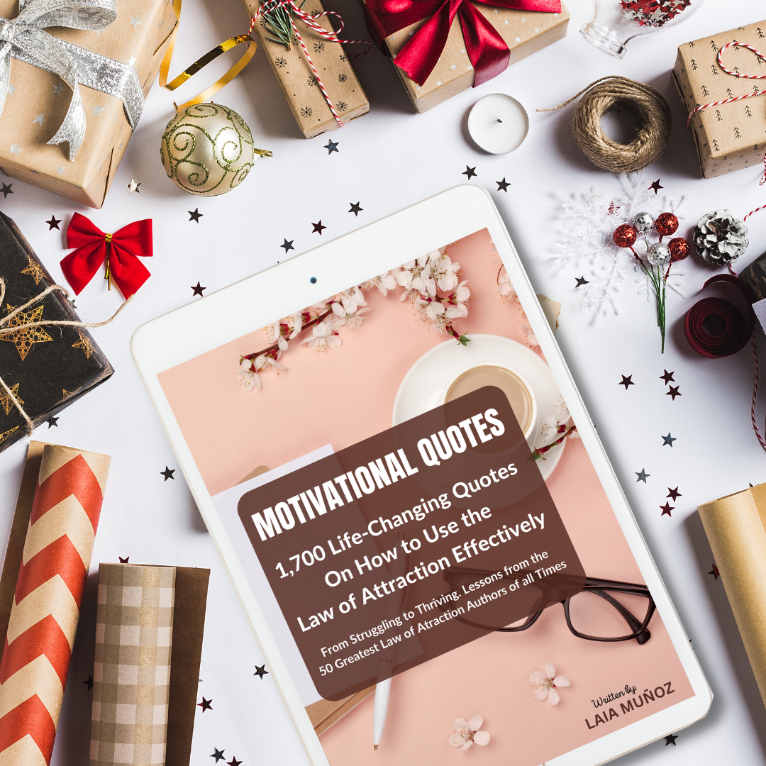 a tablet with gifts around it , in the table let you can read " Motivational Quotes. How to use the law of attraction effectively "