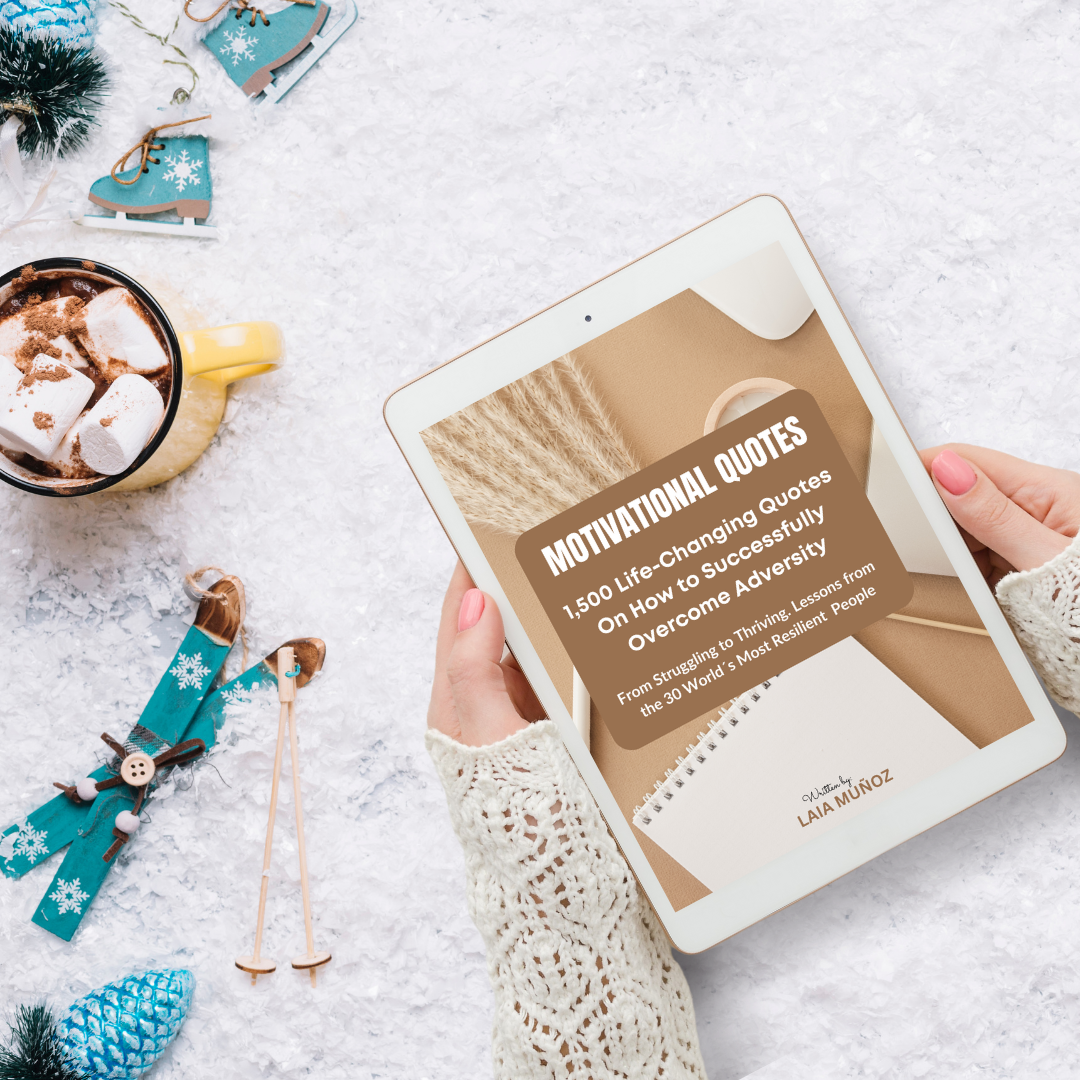 a hand holding a tablet with winter complements around it and you can read the title of an ebook called " motivational quotes. how to successfully overcome adversity "