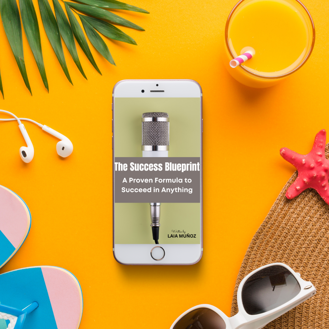 a phone surrouneded by sumer objects featuring a digital guide titled  The success blueprint. A proven formula to succeed in anything "